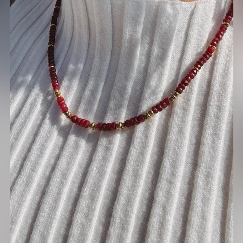 Ruby Beaded Necklace Gold Waterproof Chain July Birthstone Ruby Gemstone Jewelry - Picture 10 of 14